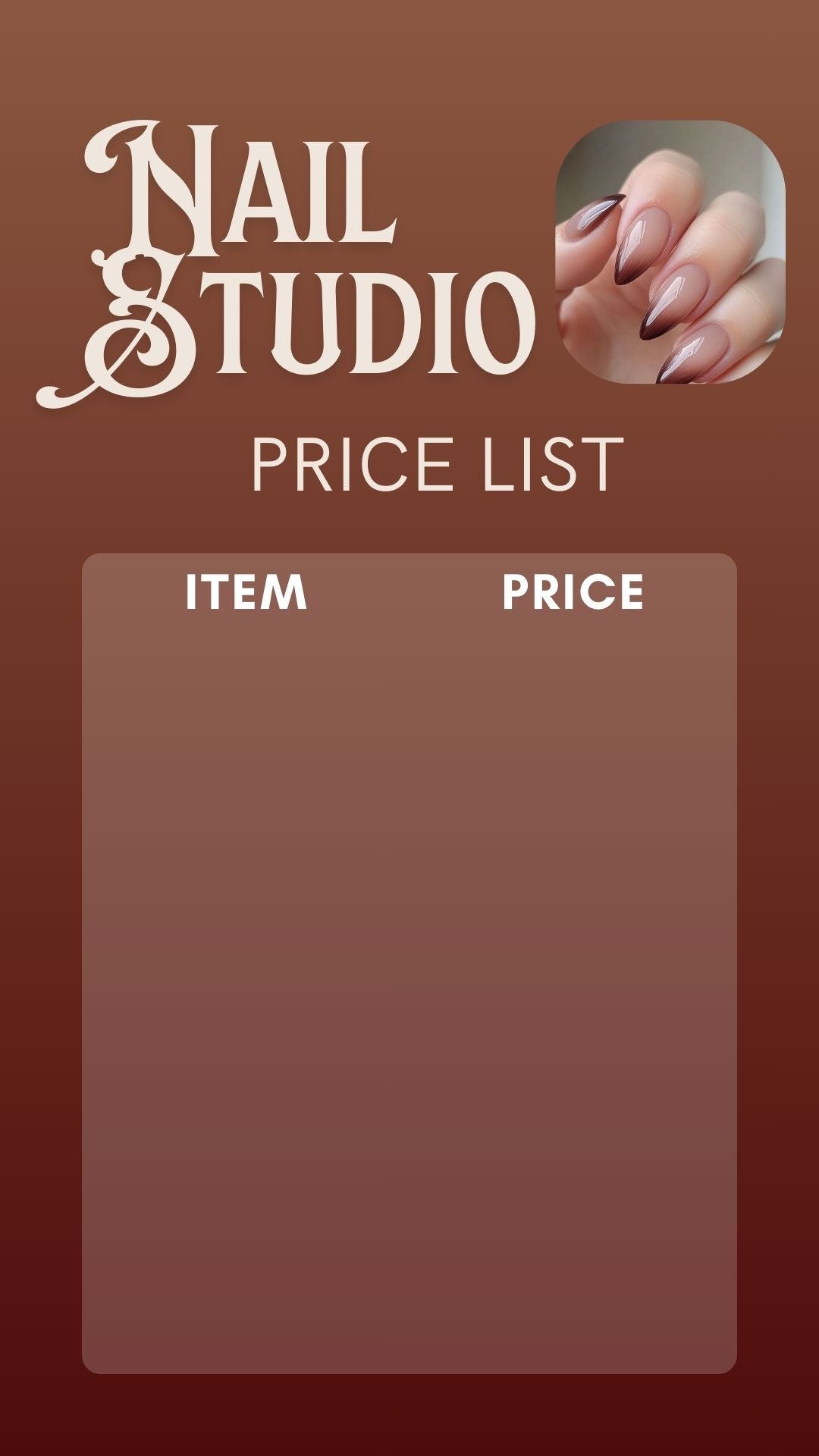 Nail Studio Price List Template | Editable Nail Salon Menu | Modern Brown Aesthetic